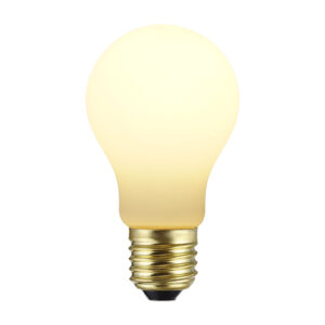 Warm white LED filament bulb with a classic frosted A-shape design and E27 base, ideal for energy-efficient and decorative lighting solutions.