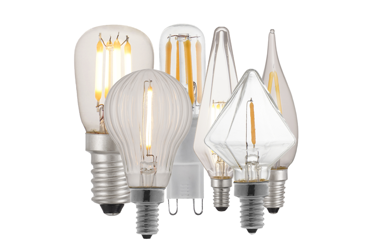 A versatile collection of uniquely shaped LED filament bulbs, perfect for enhancing any professional lighting design.