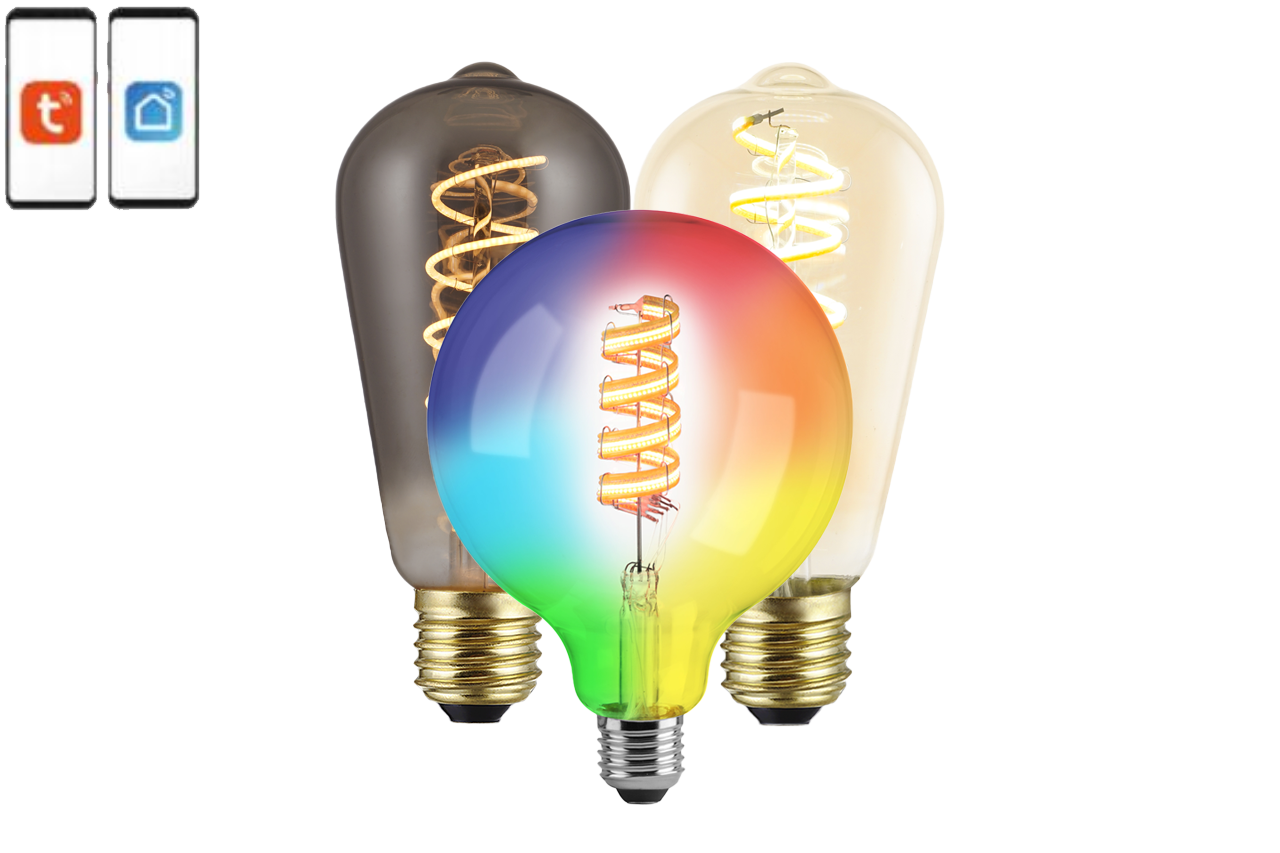 **Smart RGB LED Bulbs with App Control** Enhance your lighting with vibrant RGB LED bulbs, featuring spiral filaments and smart app control for customizable brightness and color.