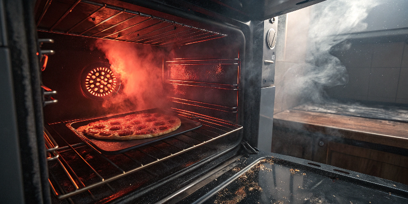 Oven fire risk Burning pizza inside oven, smoke filling kitchen