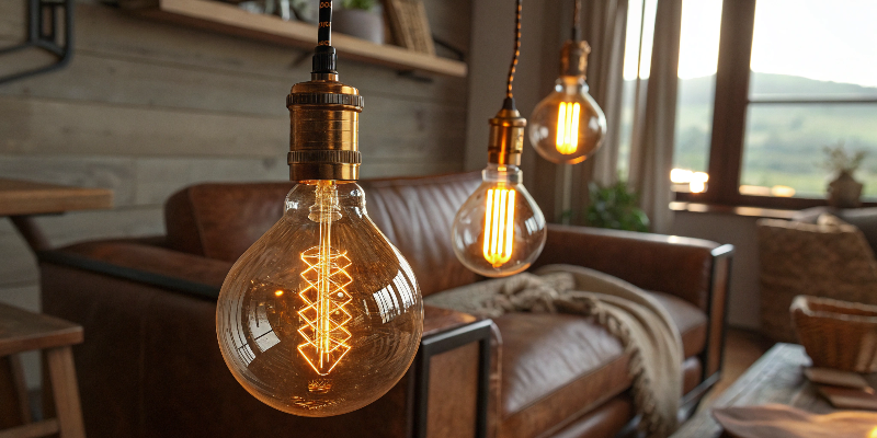 vintage filament light bulbs hanging in cozy living room, warm atmosphere