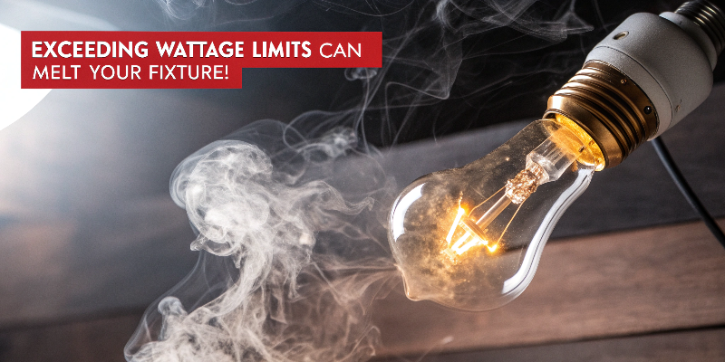 Wattage Limit Warning Overheated light bulb emitting smoke, warning about wattage limits