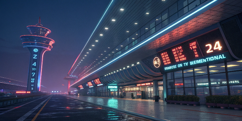 Futuristic Airport Futuristic airport terminal at night, neon lights reflecting on wet ground