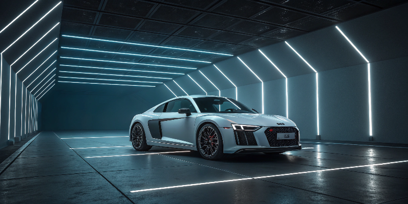 Luxury car showcase White sports car in futuristic LED-lit tunnel