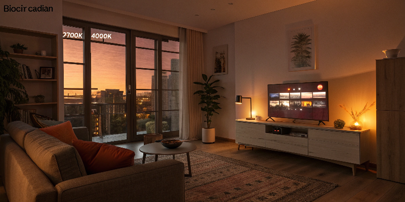 warm LED ambiance cozy living room with warm LED lighting, showing 2700K and 4000K light tones