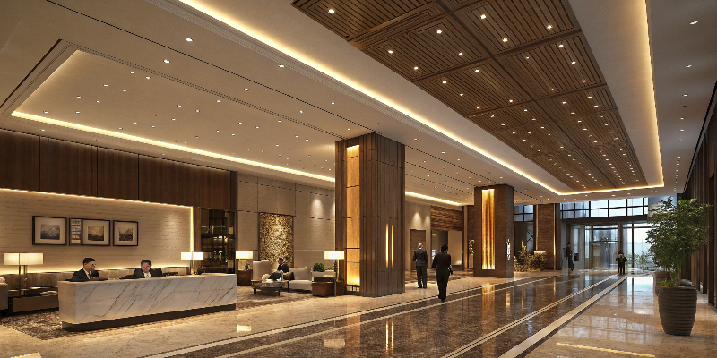 Elegant lobby design Luxurious hotel lobby with warm LED lighting