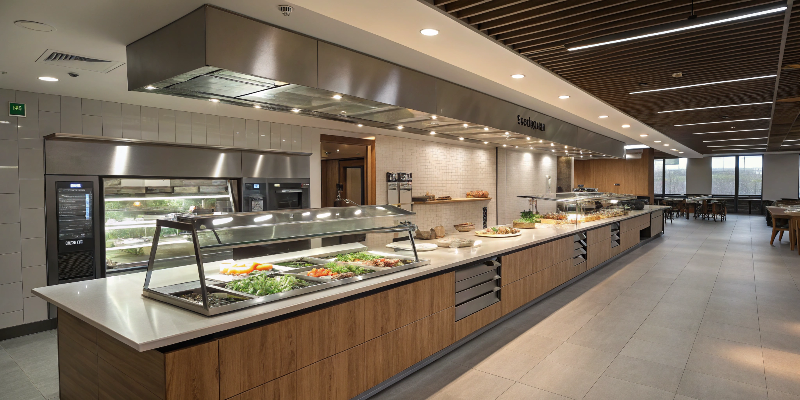 Cafeteria lighting Modern cafeteria with buffet counter, warm lighting, and salad bar