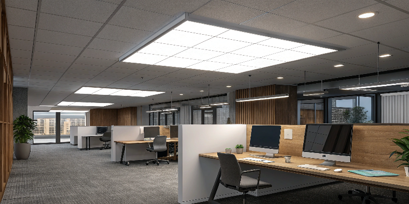 office LED lighting modern office with LED ceiling panel lights, bright and efficient workspace
