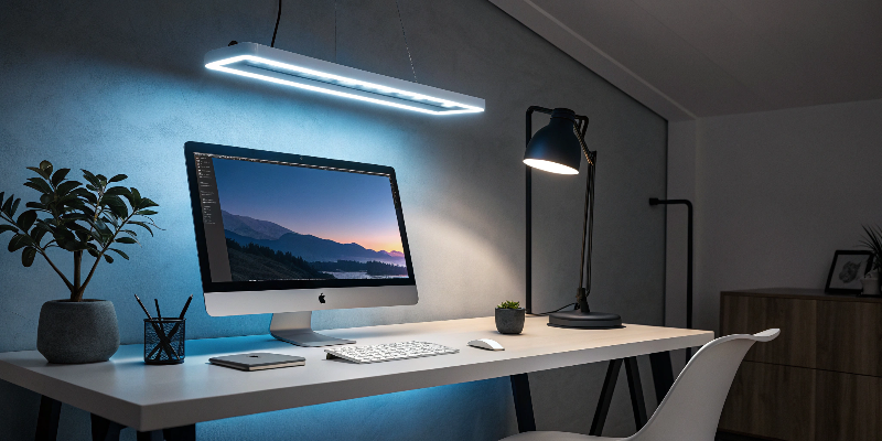 LED desk lighting Modern workspace with LED lighting, sleek desk, and computer setup