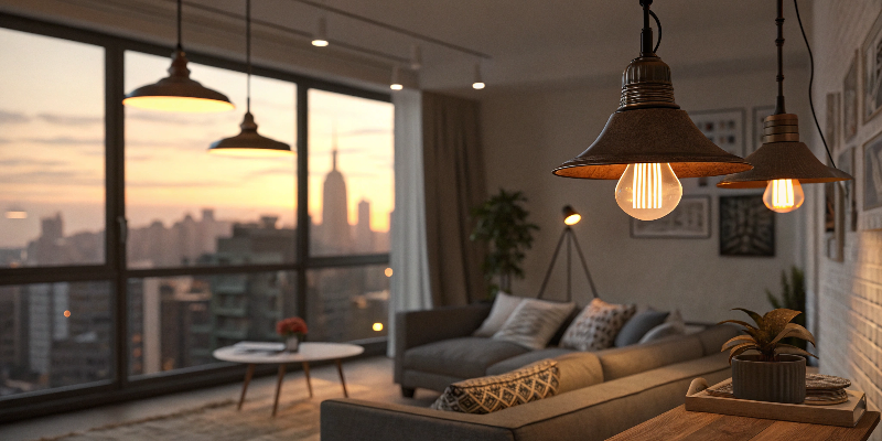 Modern LED pendant lights in cozy living room
