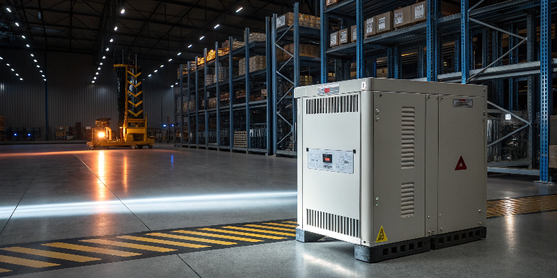 Warehouse lighting Industrial transformer in warehouse with LED lighting