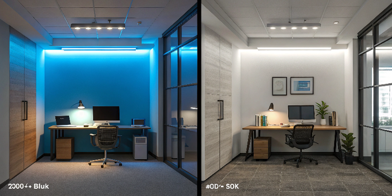 Office lighting comparison, cool blue vs warm white LED