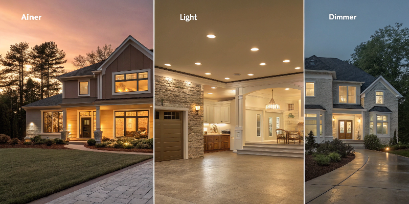 exterior lighting demo three houses showing lighting effects, from bright to dim settings