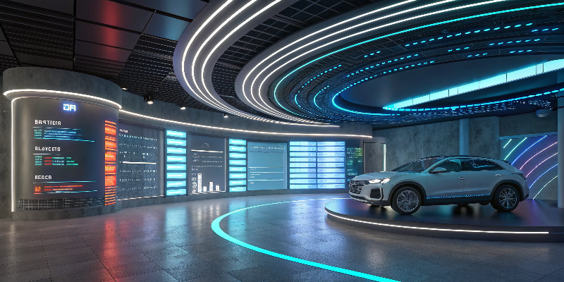 high-tech, car showroom futuristic showroom with car and led lights, modern design with blue lighting