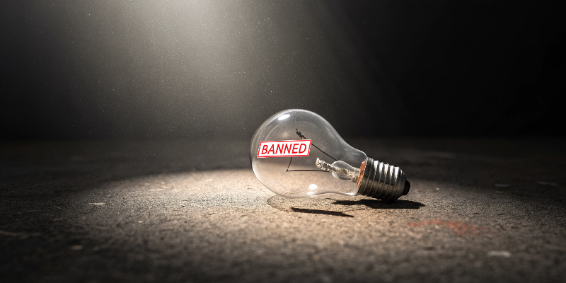 banned incandescent bulb under spotlight, phase out traditional lighting