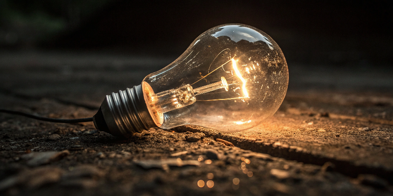 Glowing incandescent bulb on wooden surface