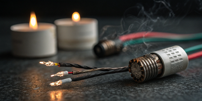 Burnt connector with exposed LED wires