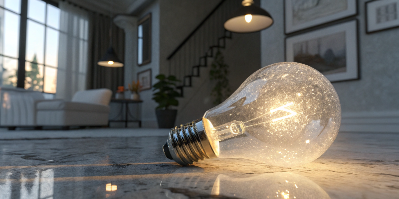 Glowing filament bulb on marble floor