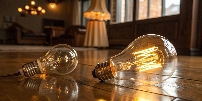 led filament bulbs on wooden floor, warm light for cozy interior lighting