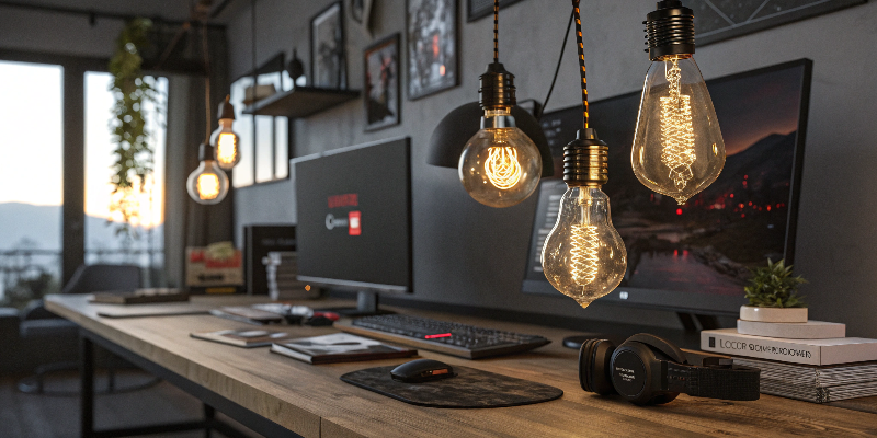 led filament bulbs in modern workspace, warm lighting for home office