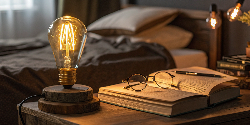 vintage led bulb on bedside table, warm light for nighttime reading