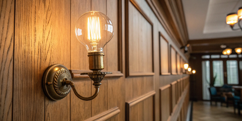 led filament bulb on vintage wall sconce, classic hallway lighting design