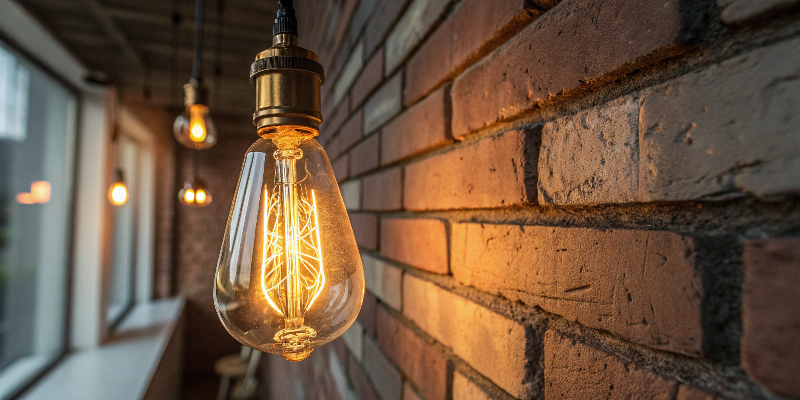 vintage led filament bulb on brick wall, warm glow lighting for interior decor