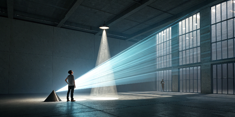 Man under spotlight with light beams