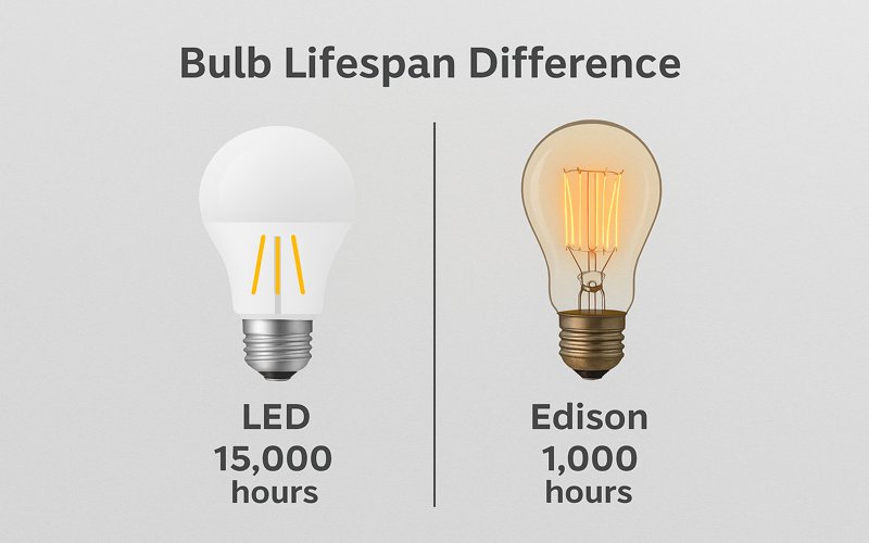 LED and Edison bulb lifespan infographic