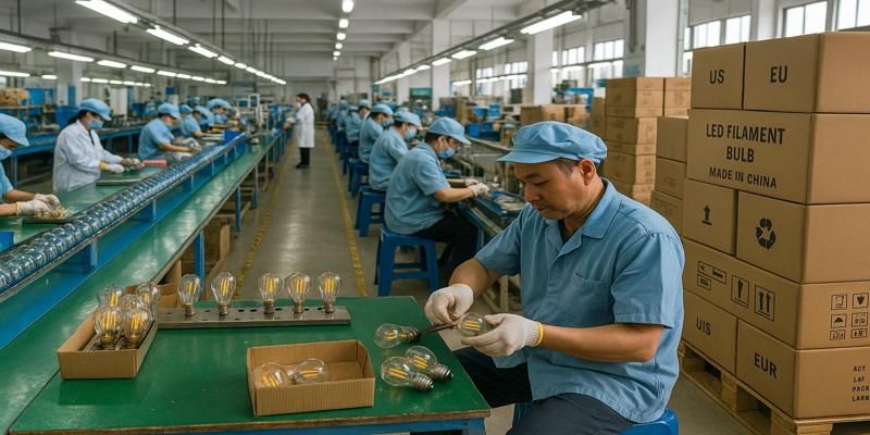 Workers assembling LED filament bulbs