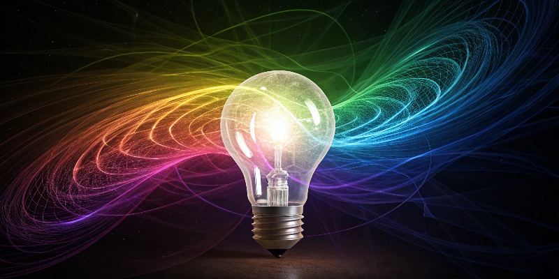 Light bulb with rainbow energy trails