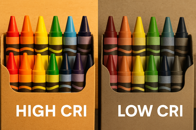 A comparison image showing vibrant colors under high CRI light and dull colors under low CRI light