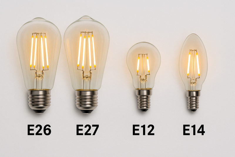An image showing common Edison bulb base types like E26, E27, E12, and E14 side-by-side with labels.
