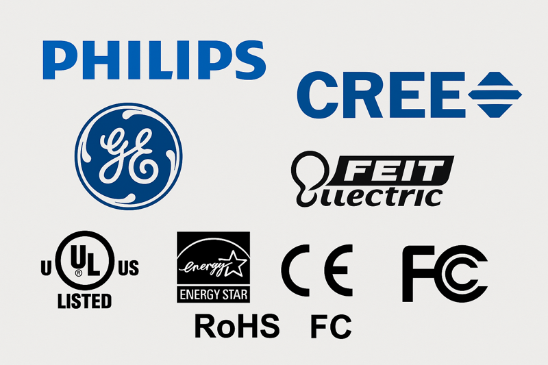 An image showing logos of reputable lighting brands and various certification marks