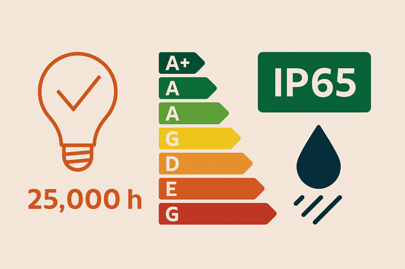 An image abstractly showing bulb lifespan, energy efficiency labels, and IP rating icons