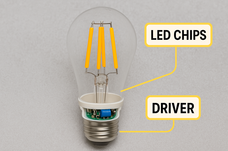 A close-up image or diagram of the internal components of an LED bulb, like chips and drivers