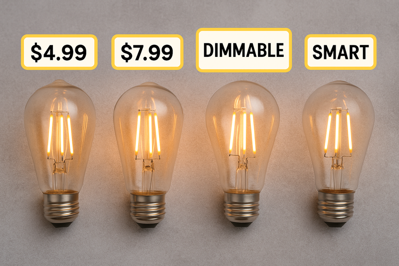An image showing a range of LED Edison bulbs with different price tags or features highlighted