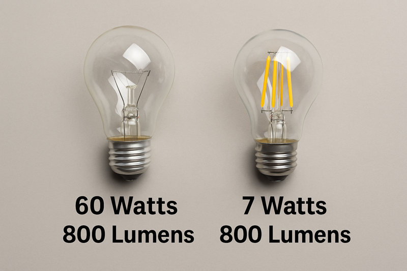 A simple graphic comparing an old incandescent bulb's wattage/lumen output next to an LED Edison bulb's much lower wattage for similar lumens.