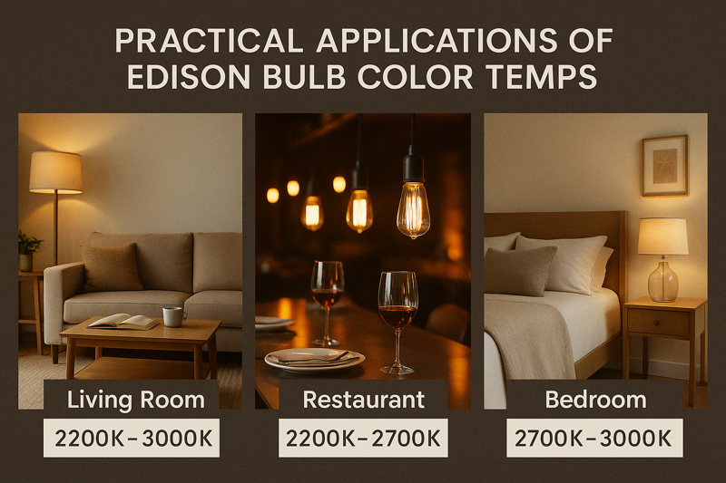 An infographic matching room types (living room, restaurant, bedroom) with recommended Kelvin ranges for LED Edison bulbs.