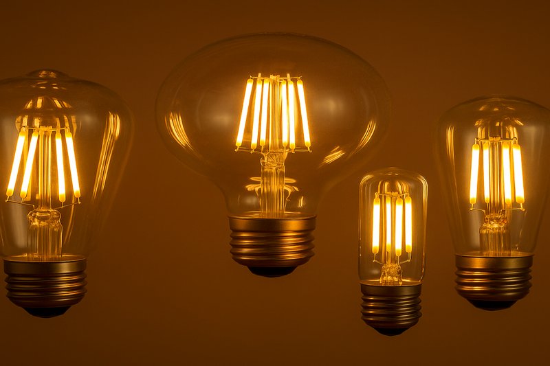An image showcasing a variety of affordable LED Edison bulbs in different shapes like ST64, G95, and T45, glowing warmly.