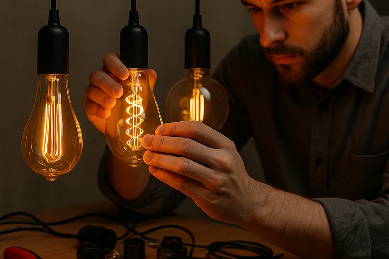 An image showing a focused artist carefully adjusting a complex and intricate LED Edison bulb installation, with various tools and components nearby, emphasizing the thoughtful work and durability aspects of such a creation.