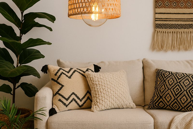 Edison Bulb in Nordic-Bohemian Style A living room corner blending Nordic and Bohemian elements, where a rattan pendant light reveals a large clear globe LED Edison bulb. Green plants and ethnic textiles adorn the space.