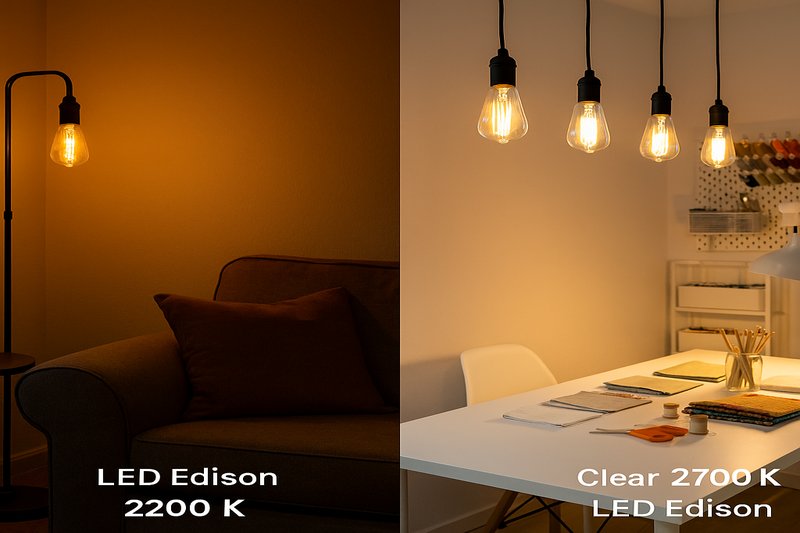 Split image: one side shows a cozy room with amber 2200K LED Edisons, the other shows a well-lit craft area with clear 2700K LED Edisons.
