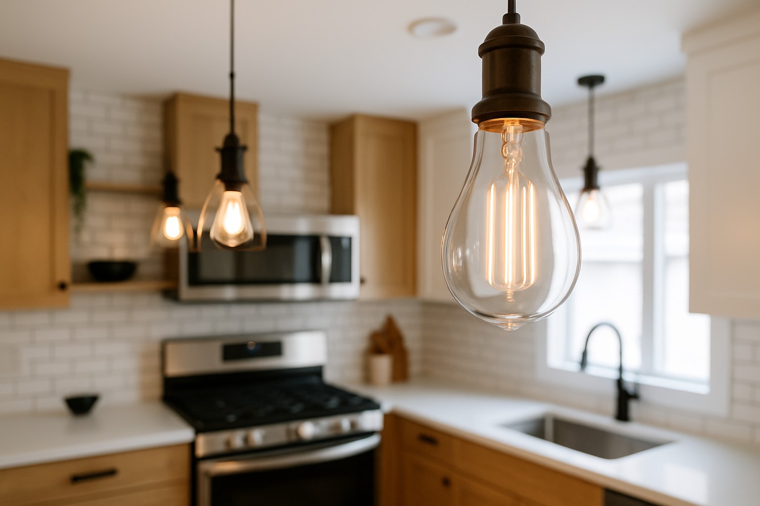 Clear glass LED filament bulb illuminating a modern vintage kitchen