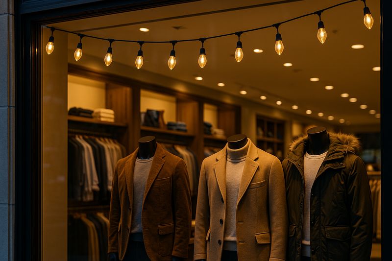 Retail Display Lighting Clothing store window illuminated with C9 LED filament bulbs