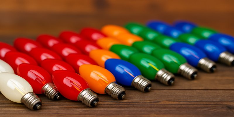Multicolor C9 LED filament bulbs arranged in rows on a wooden table