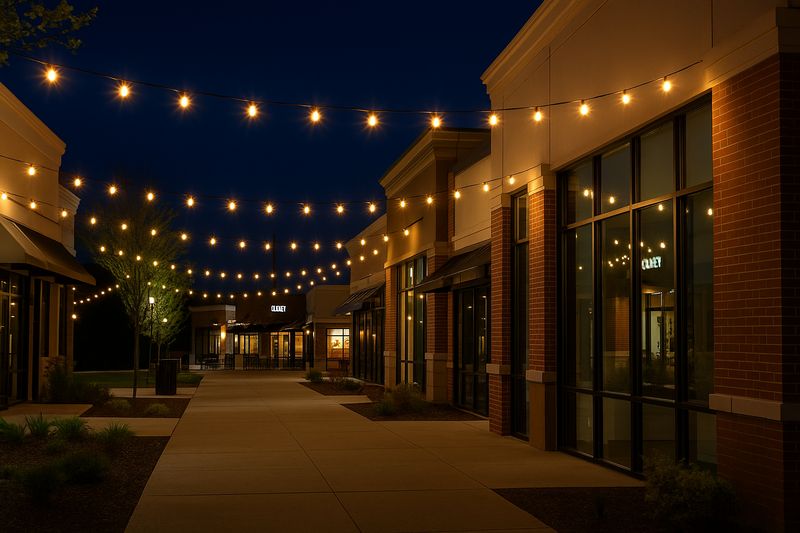 Commercial Outdoor Use Outdoor retail strip mall lit with C9 LEDs at night