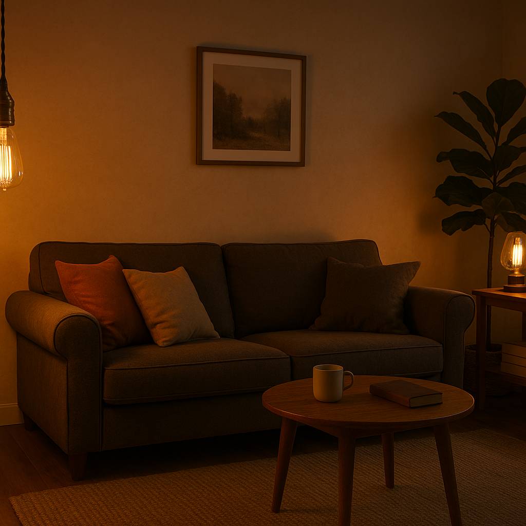 A cozy living room scene illuminated by LED Edison bulbs