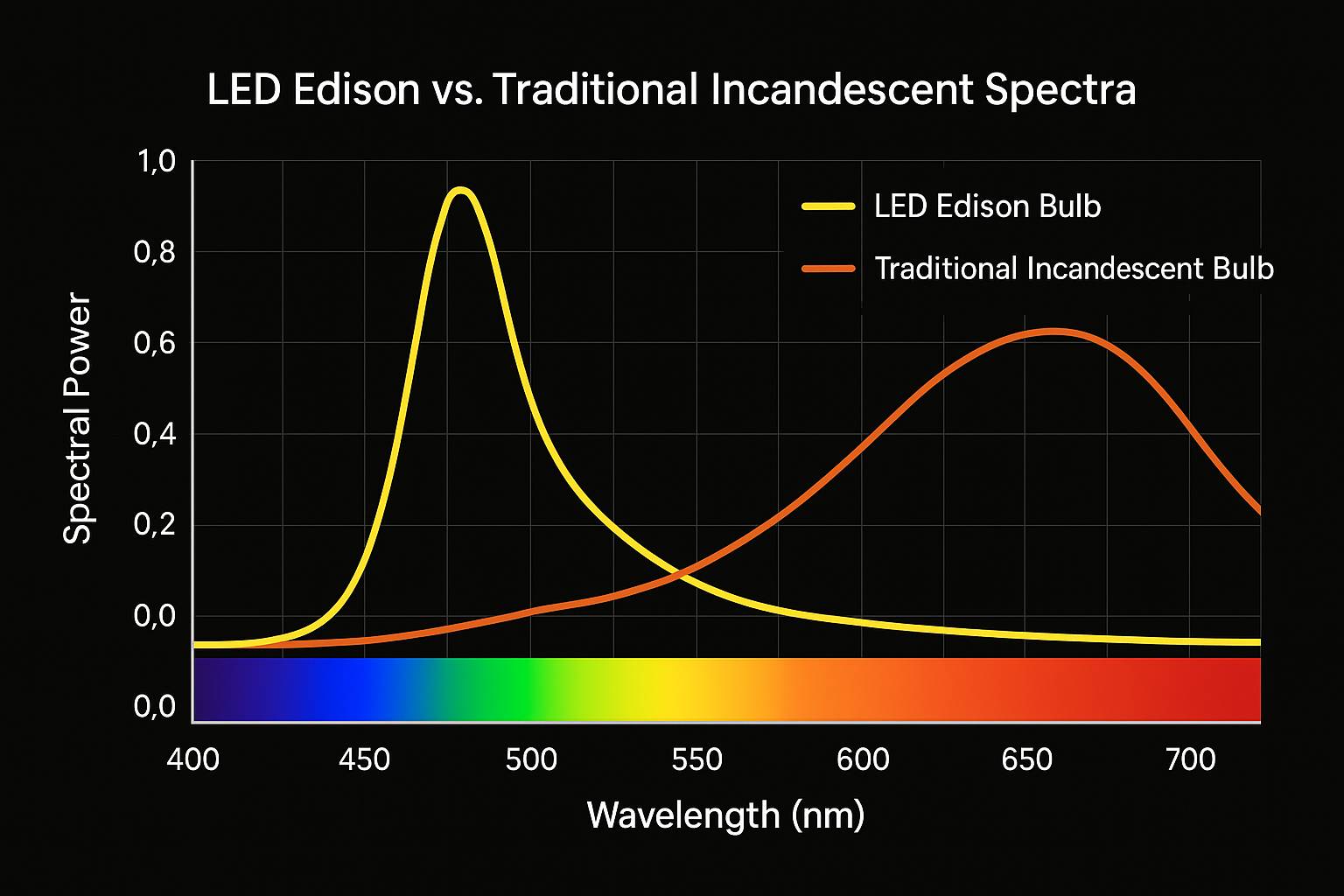 A comparative chart of LED Edison bulb and traditional incandescent bulb spectra