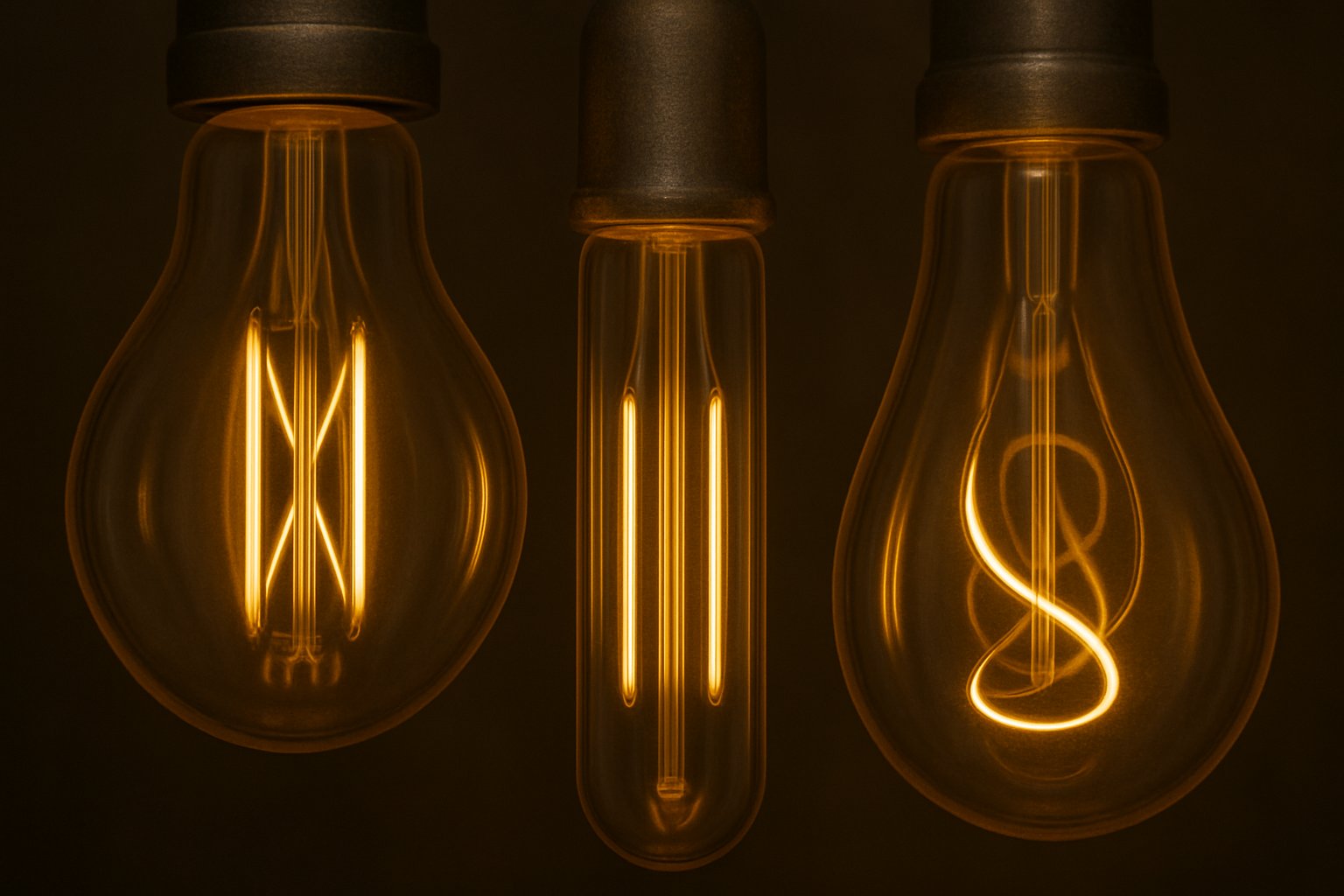 Close-up of LED Edison bulb filaments and retro bulb shapes